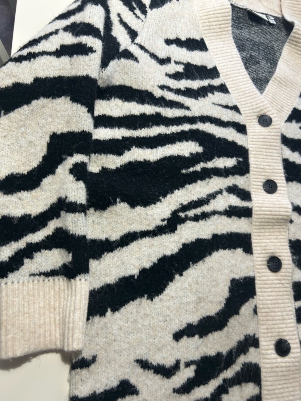 Zebra-Print Button Front Cardigan in Black & Cream - Picture 4 of 5